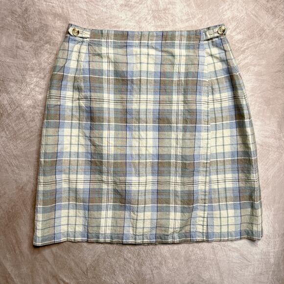 Eddie Bauer Green & Blue Plaid Wrap Mini Skirt Linen Blend Women's 12 Preppy Y2K - Picture 1 of 5